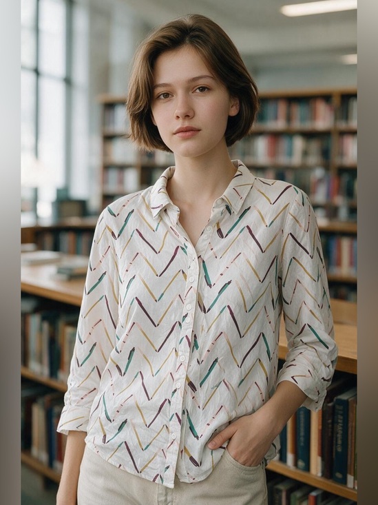ModCloth Tops - ModCloth Women’s White Chevron Button-Up Shirt Multicolor Accents Size M Rayon